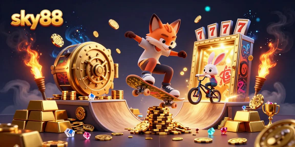 Sky88 showcases a vibrant casino scene with a fox and rabbit celebrating drops of jewels and slot reels.