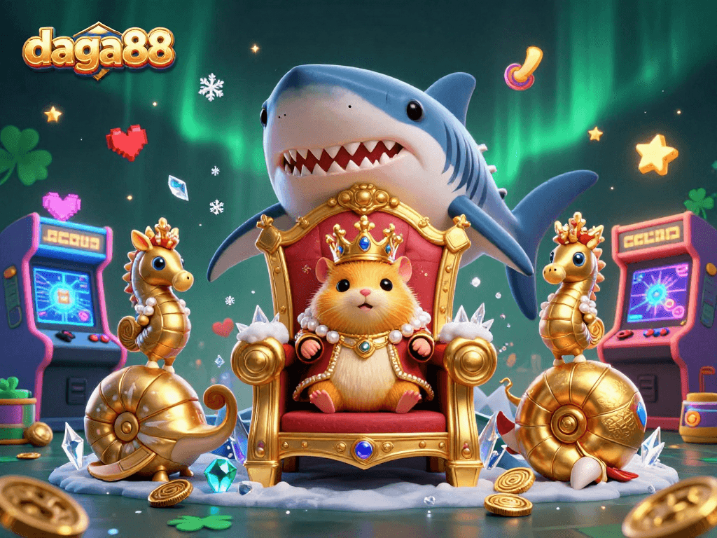 Engage with thrilling daga88 gameplay while enjoying a vibrant, dynamic casino scene featuring a fierce golden hamster king.