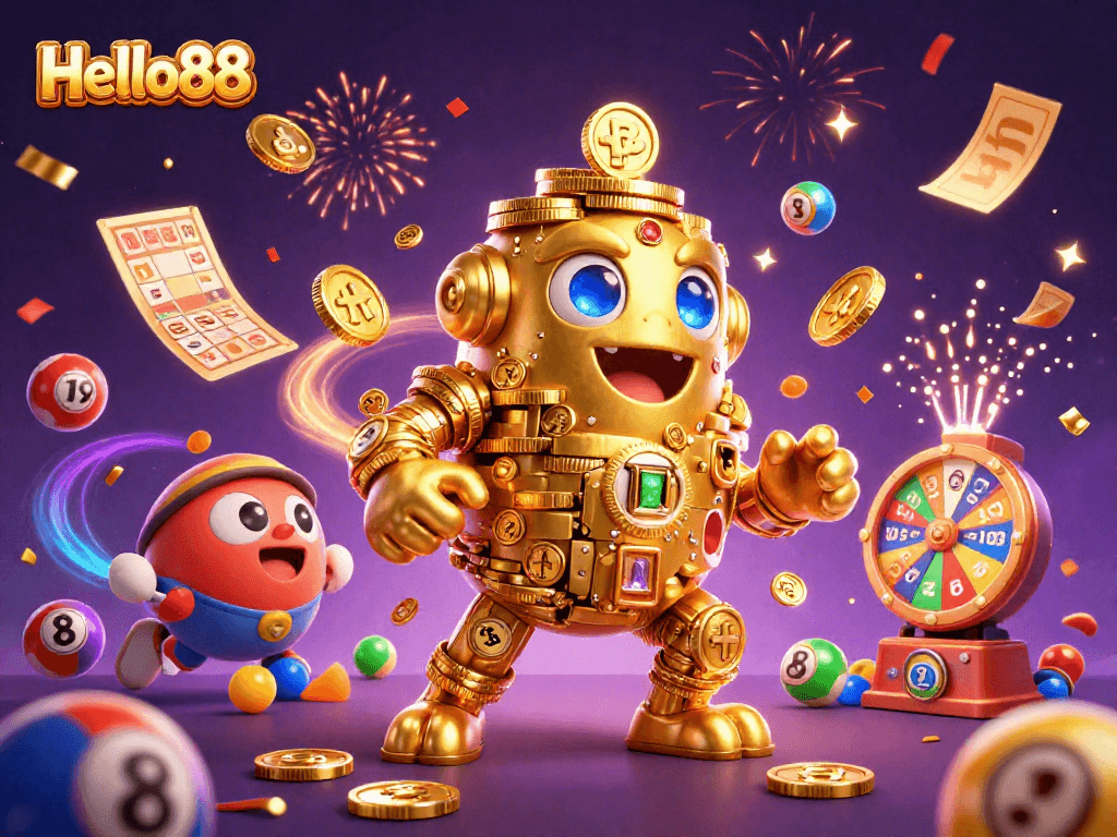 Join the excitement with Hello88 as lottery balls bounce around a golden golem amidst a festive celebration.
