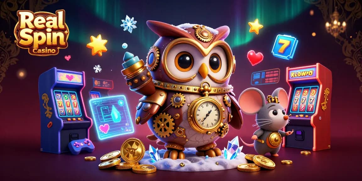 Verken de spannende wereld van Real Spin Casino met deze 3D-illustratie vol gokkasten en casino elementen.