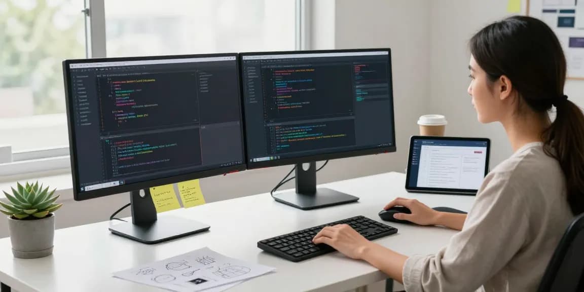 Developer optimizing software on dual monitors in a modern workspace, showcasing sc88 project details.