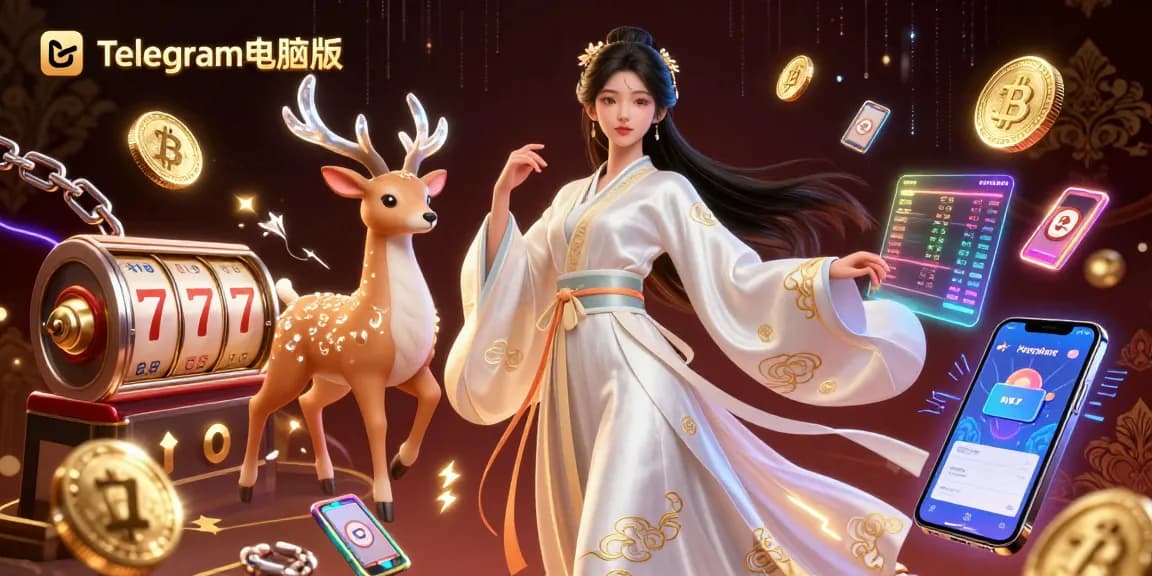 一幅令人惊叹的3D插图，展示了带有沉浸式老虎机元素和动态角色的Telegram电脑版。