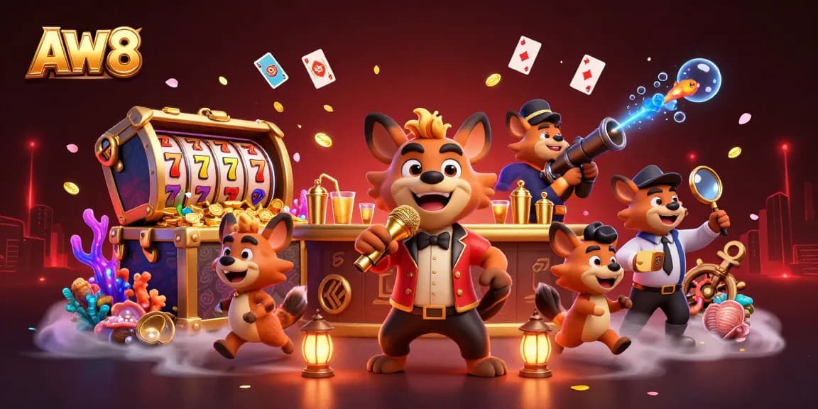 AW8 hyenas entertain in a vibrant casino scene with slot and game elements.
