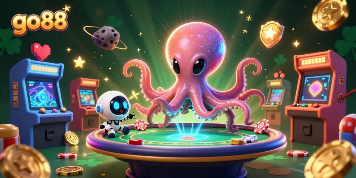 Experience the thrill of go 88 gaming with a vibrant cosmic casino scene featuring interactive characters and holographic poker.