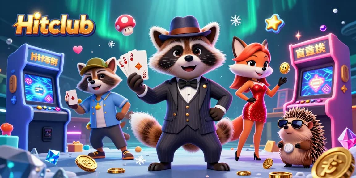 Hitclub's vibrant gaming scene with raccoon, fox, and hedgehog enjoying thrilling casino action.