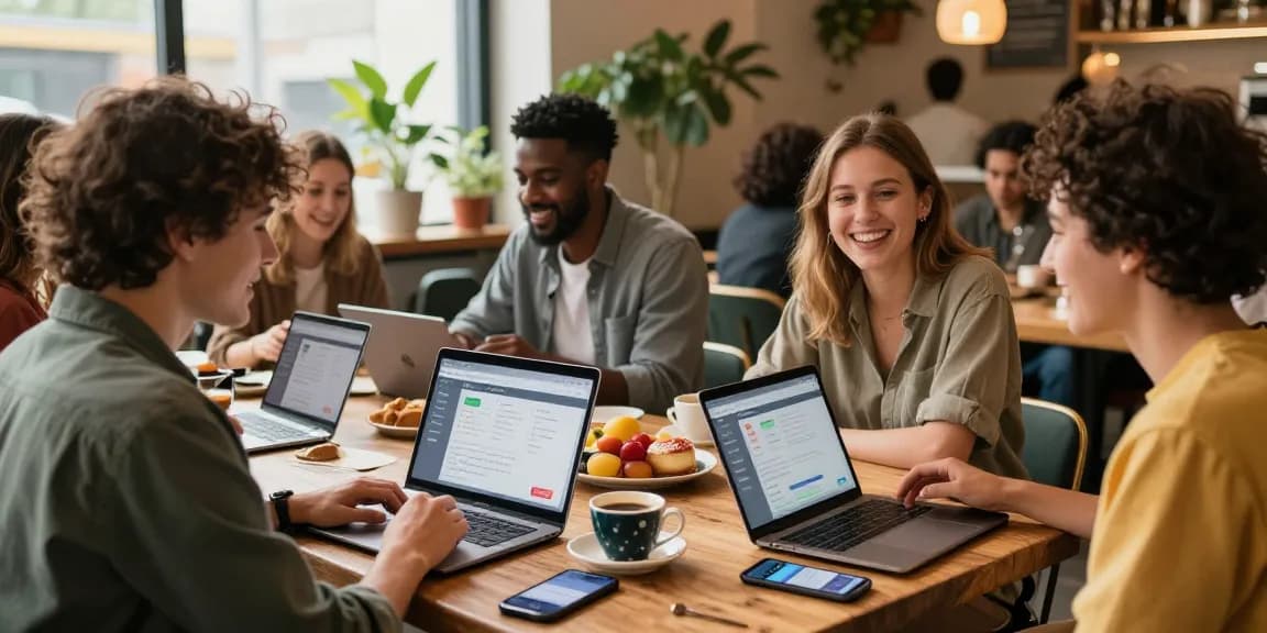 Friends enjoying a lively conversation over coffee while using the F168 dating app in a cozy café.