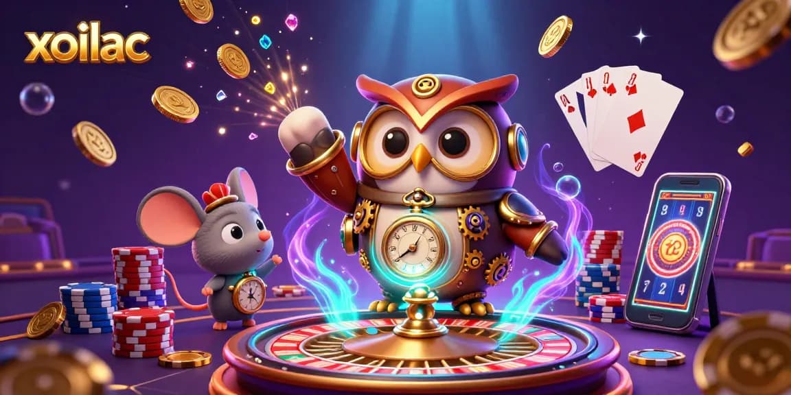 Xoilac brings luck with a time-traveling owl and casino glamour in a vibrant 3D scene.