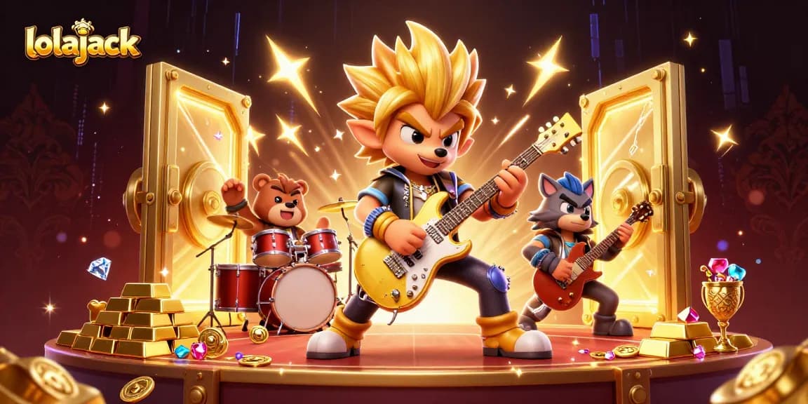 Rock star wolf at Lolajack Casino captivating with gold and gems in an electrifying scene.