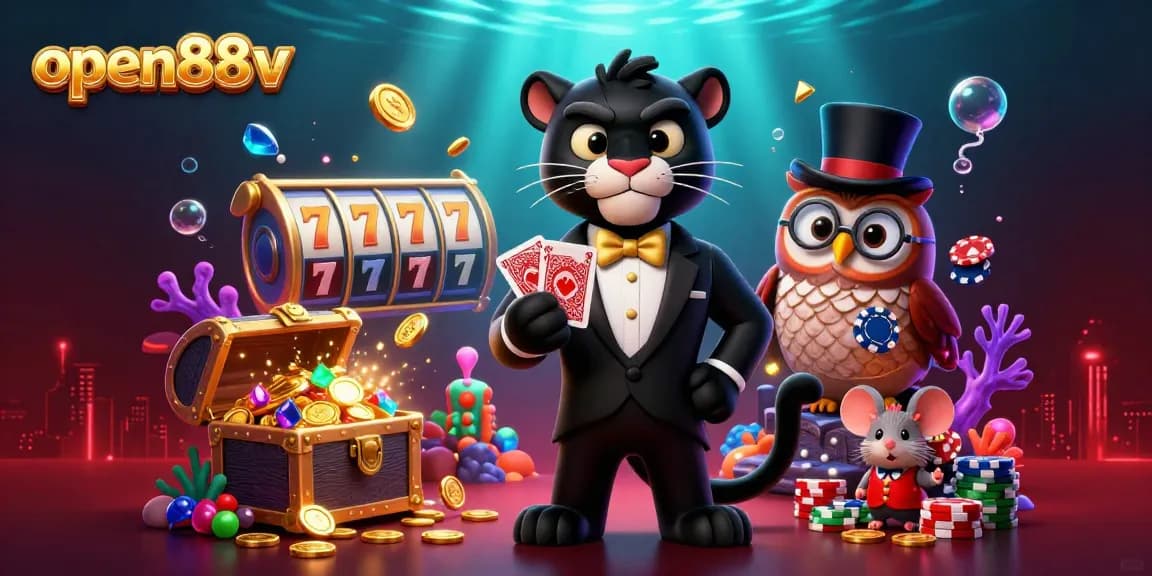 Engage in thrilling casino gaming with open88v in this vibrant 3D illustration featuring dynamic characters and elements.