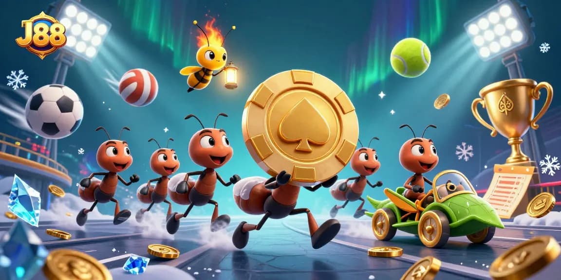 Experience the excitement of J88 with cartoon ants carrying a huge poker chip in a dynamic casino scene.