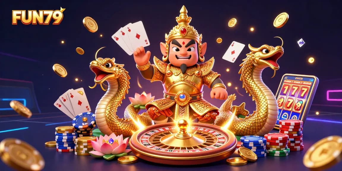 Experience the vibrant excitement of FUN79 with a lively casino-themed 3D scene full of golden treasures and gaming elements.