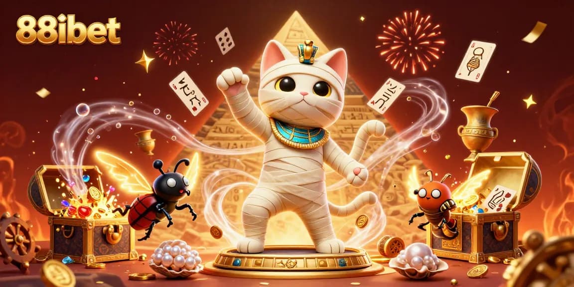 Experience exciting gameplay at 88ibet with vibrant graphics featuring a winning mummy cat and treasure.