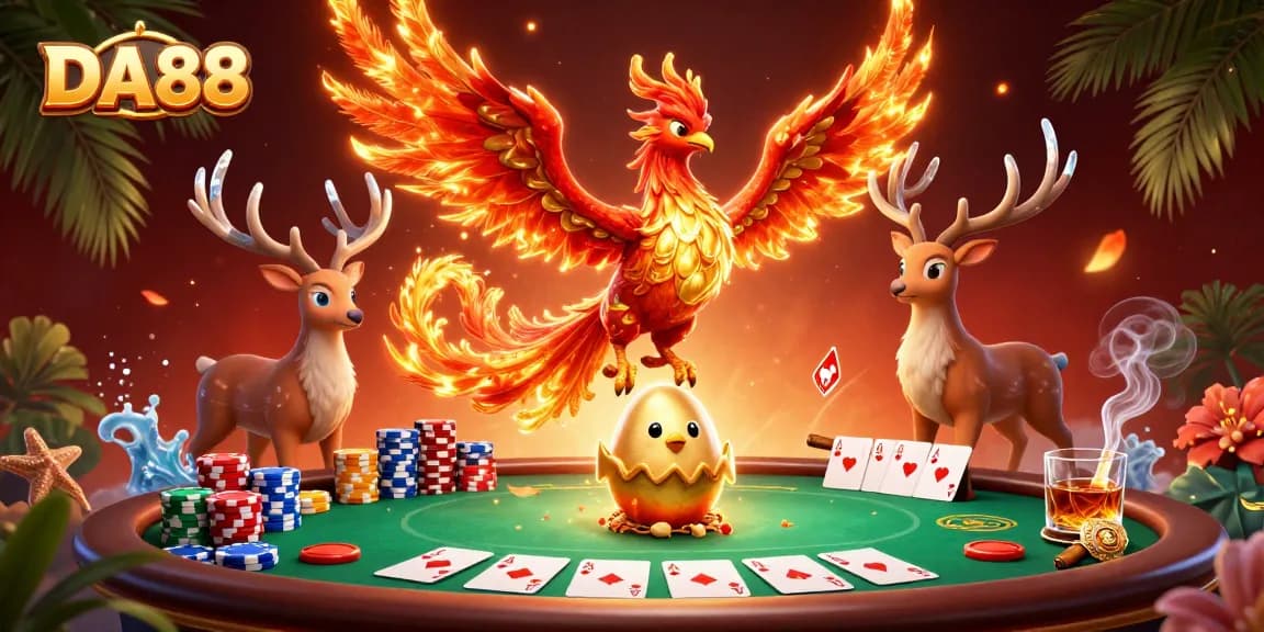 Experience thrilling poker moments with DA88 in a vibrant casino scene filled with phoenixes and colorful chips.