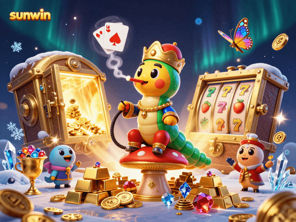 Experience the thrilling gameplay at sunwin with a vibrant 3D casino scene featuring characters and slot elements.