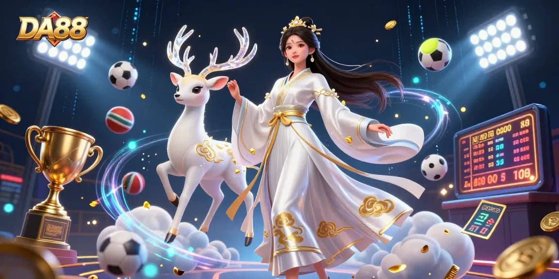Engage with DA88 in this vivid 3D scene blending casino excitement and dynamic sports elements.