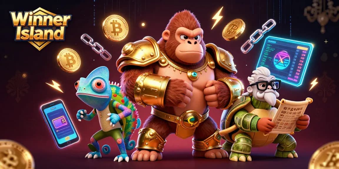 Winning at Winner Island Casino with vibrant 3D characters and crypto elements.