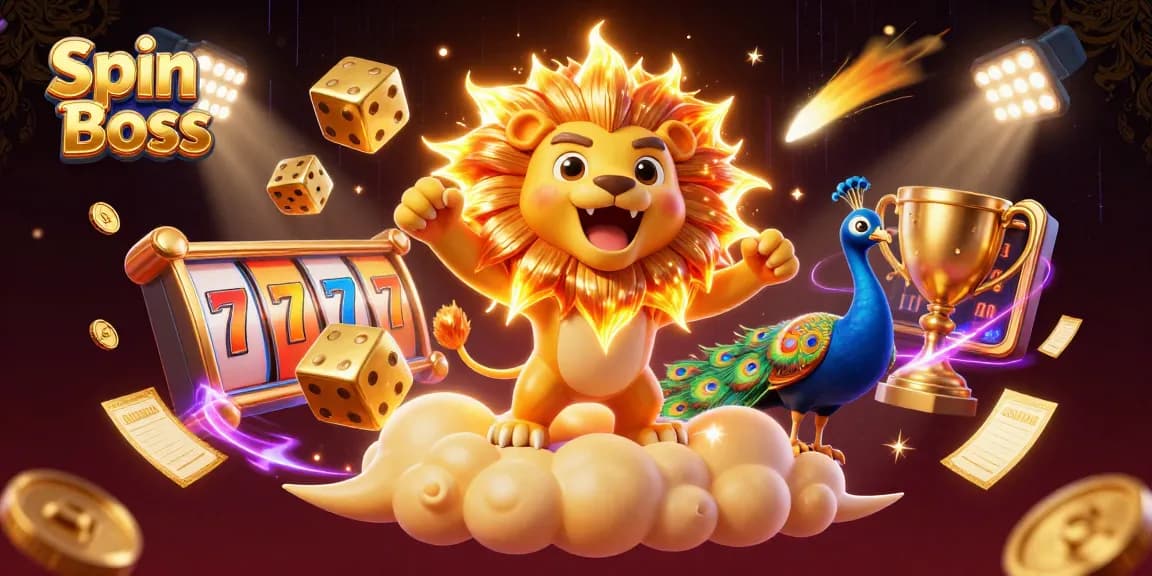 Spin Boss showcases a vibrant casino scene with a lion, golden dice, and slot reels
