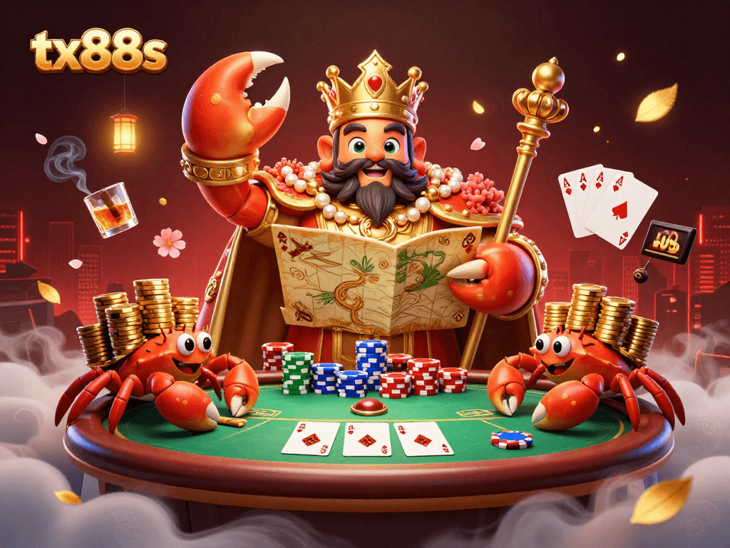 Engage with tx88s' vibrant casino scene featuring a golden crab emperor and poker elements.