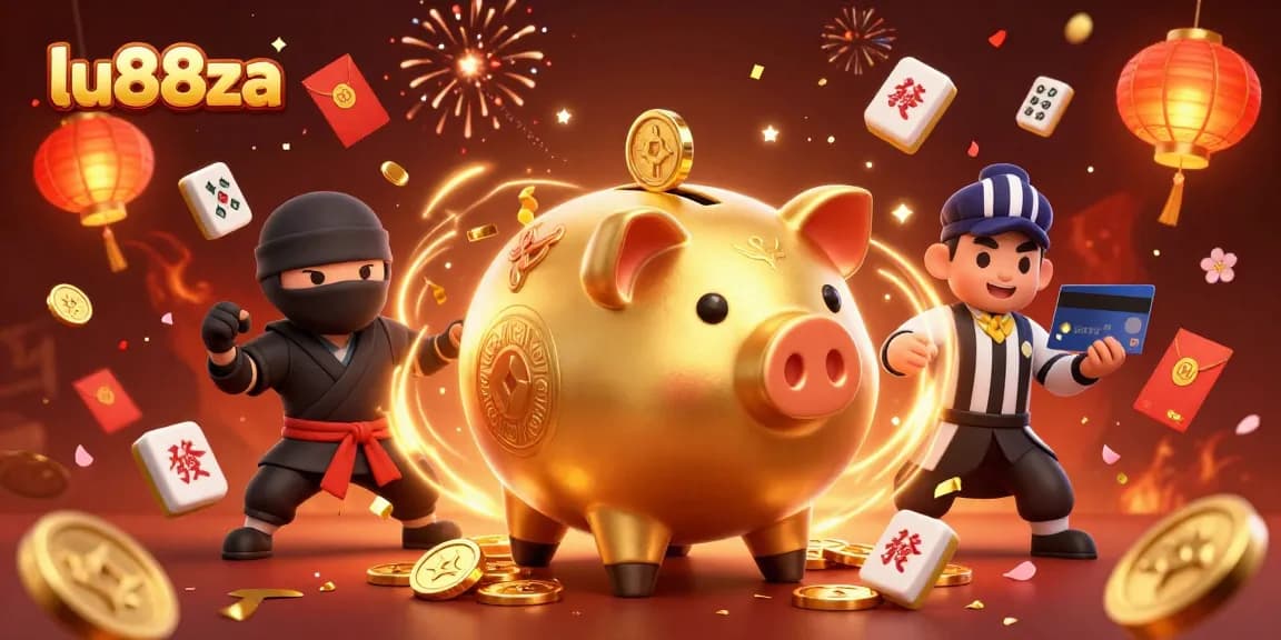 Join the excitement at lu88za, featuring a golden piggy bank sumo wrestler in a vibrant casino showdown.
