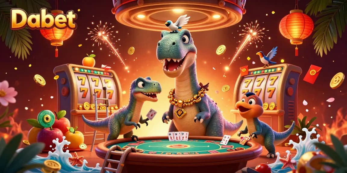 Dabet offers a vibrant 3D casino scene with a brontosaurus, raptor, and slot games.