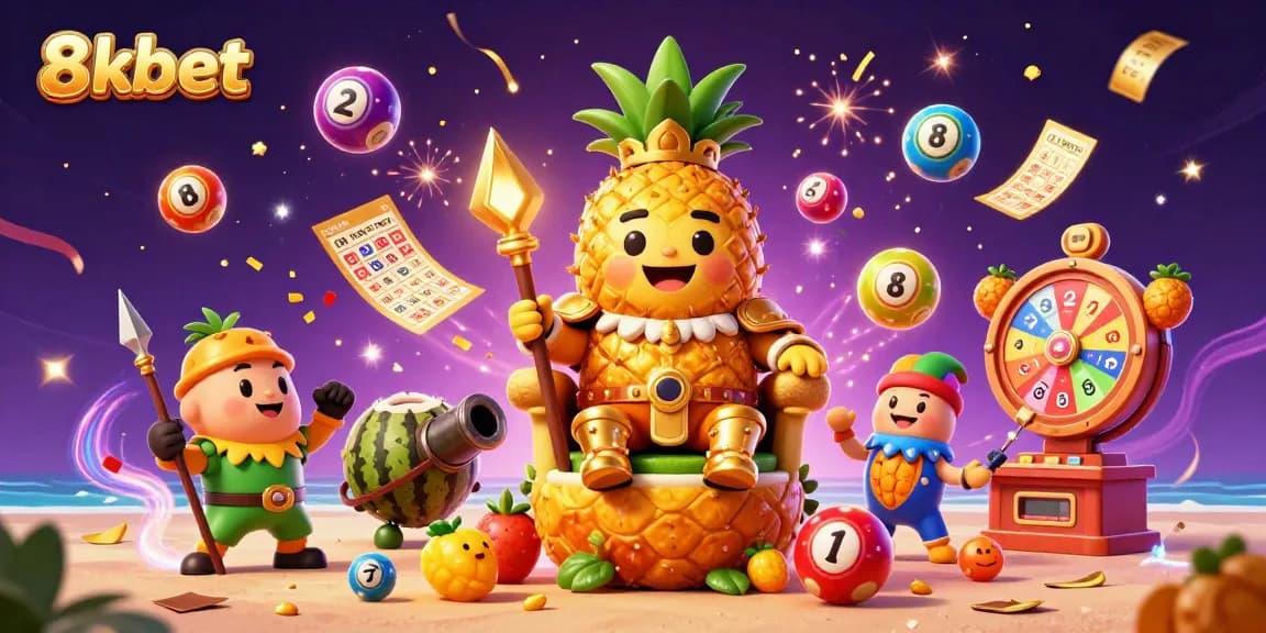 Engage with thrilling 8kbet adventures featuring the golden pineapple king and vibrant casino elements.