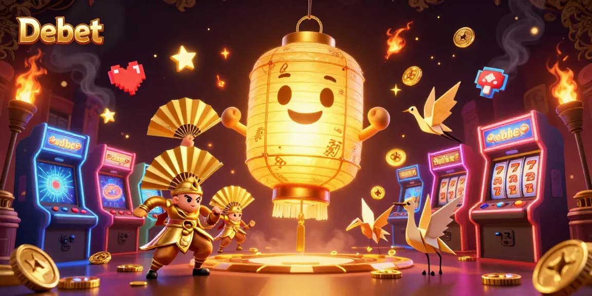 Engage with the Debet casino experience featuring vibrant elements like golden lanterns and gaming icons.