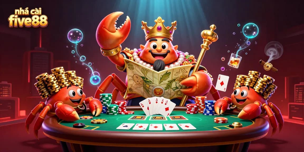 Engage with nhà cái five88 through a vibrant 3D poker scene featuring a golden crab emperor and extravagant gameplay.
