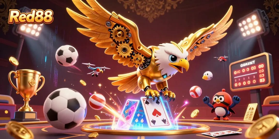 Red88 showcases a dynamic casino scene with a golden eagle and sports elements flying in a vibrant illustration.