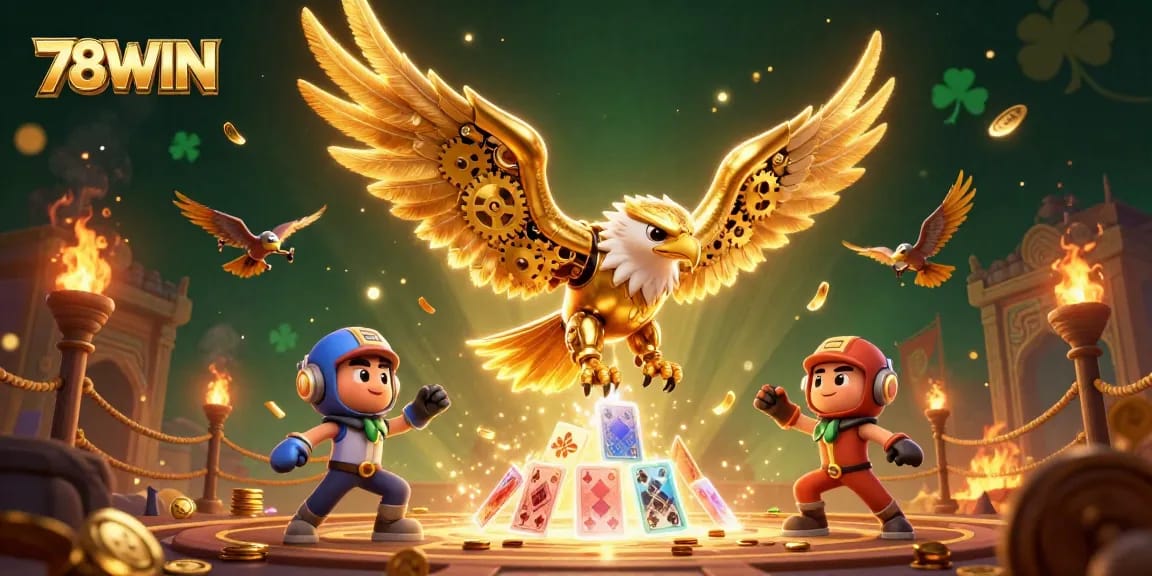 Engage in thrilling gameplay at 78WIN, featuring a vibrant 3D illustration of a golden eagle amidst casino elements.