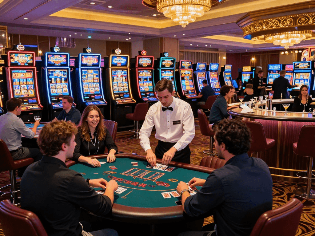 Exciting gambling scene at oxbet com with players at tables and colorful slot machines.