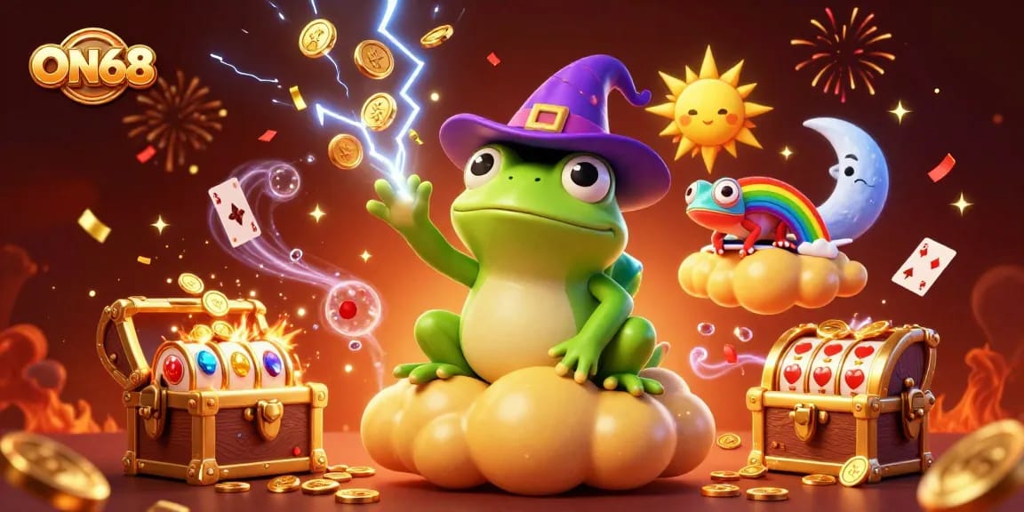 Join the excitement with ON68, featuring a wizard frog and chameleon amidst golden coins and slot elements.