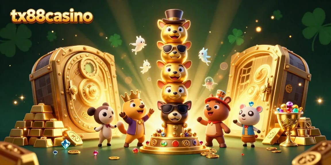 Experience exciting wins at tx88casino with vibrant 3D illustration of casino treasures and characters.