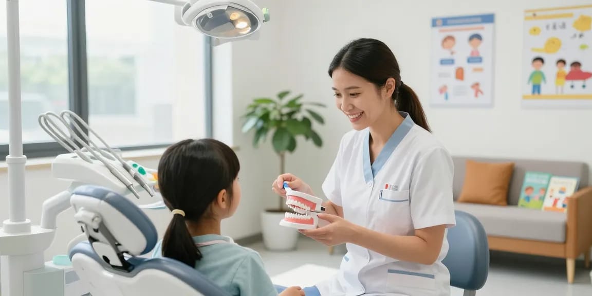 Mondhygiënist Nijmegen geeft een vriendelijke uitleg aan een kind over mondgezondheid in een moderne tandartspraktijk.