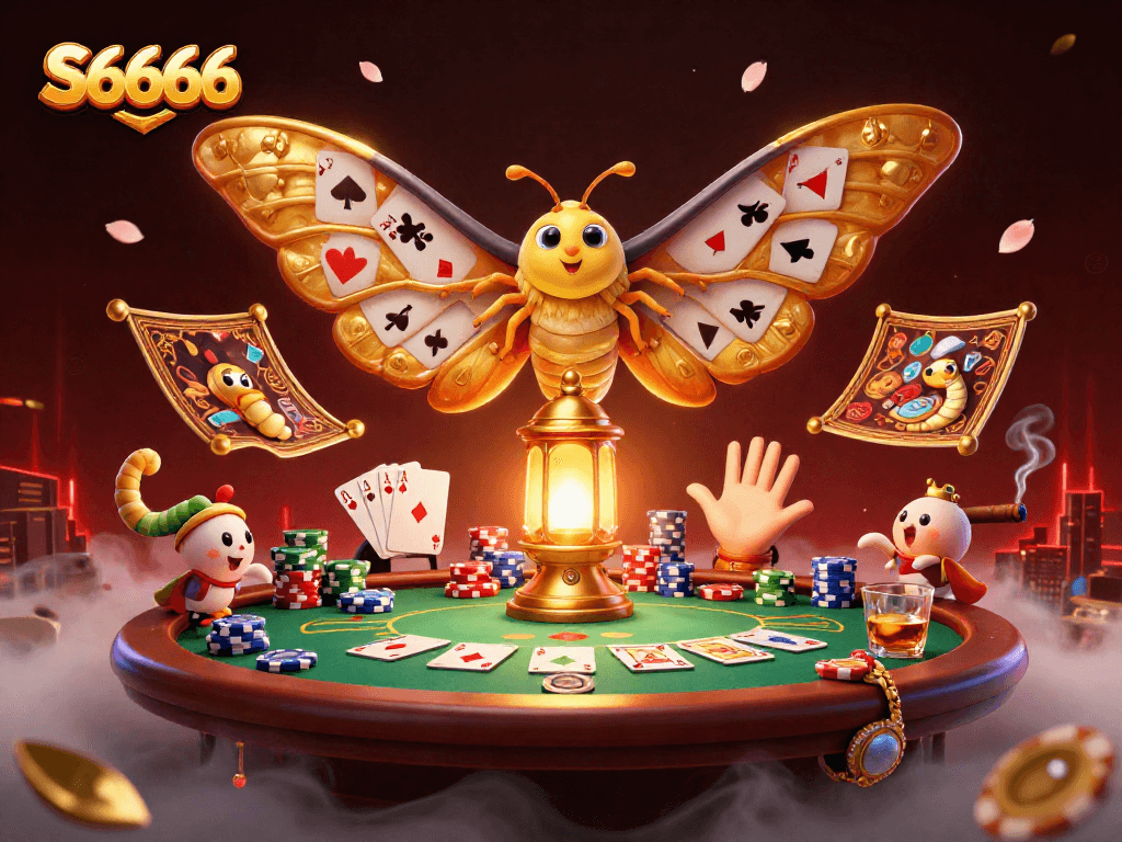 S6666 captures a vibrant casino scene with a 3D atlas moth, poker chips, and rich game elements.