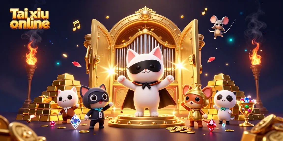Experience Tai xiu online with an enchanting scene filled with luxurious treasures and playful characters.