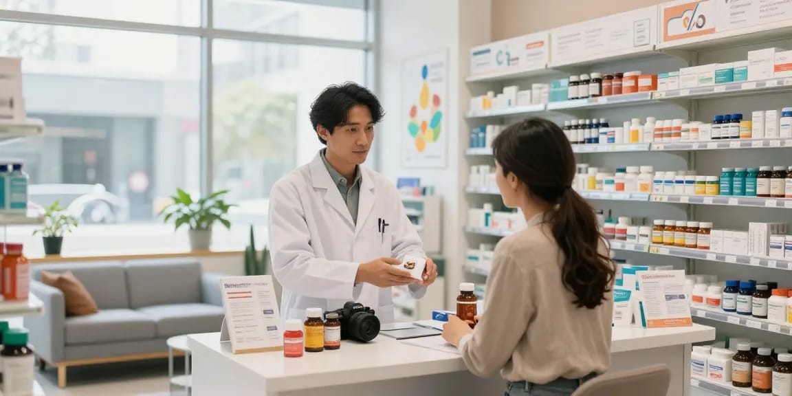 Unieke Pharma Shop met apotheker die klant adviseert over hoogwaardige gezondheidsproducten.