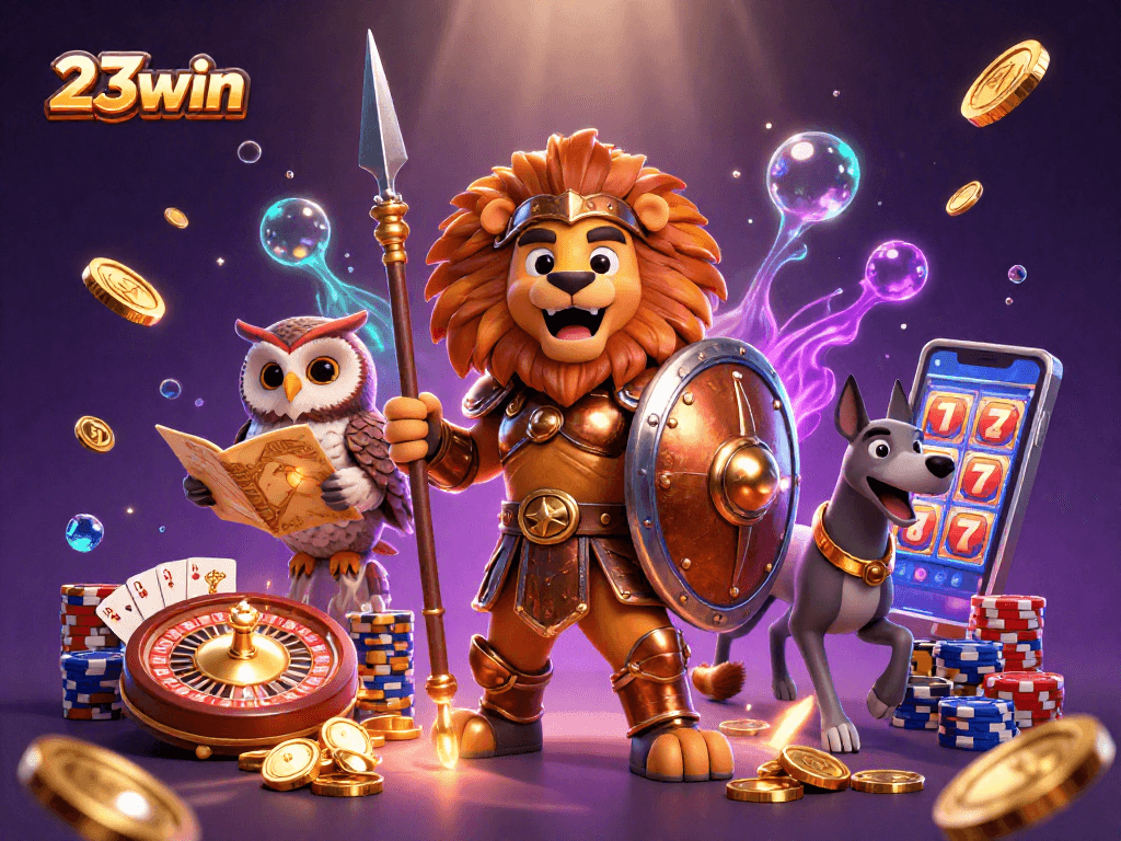 Experience thrilling gameplay at 23win with a dynamic casino scene featuring vibrant characters and games.