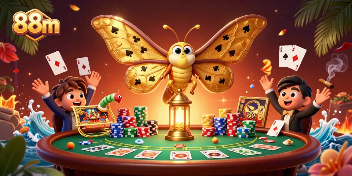 88m showcases a vibrant casino scene with a golden atlas moth and poker action.
