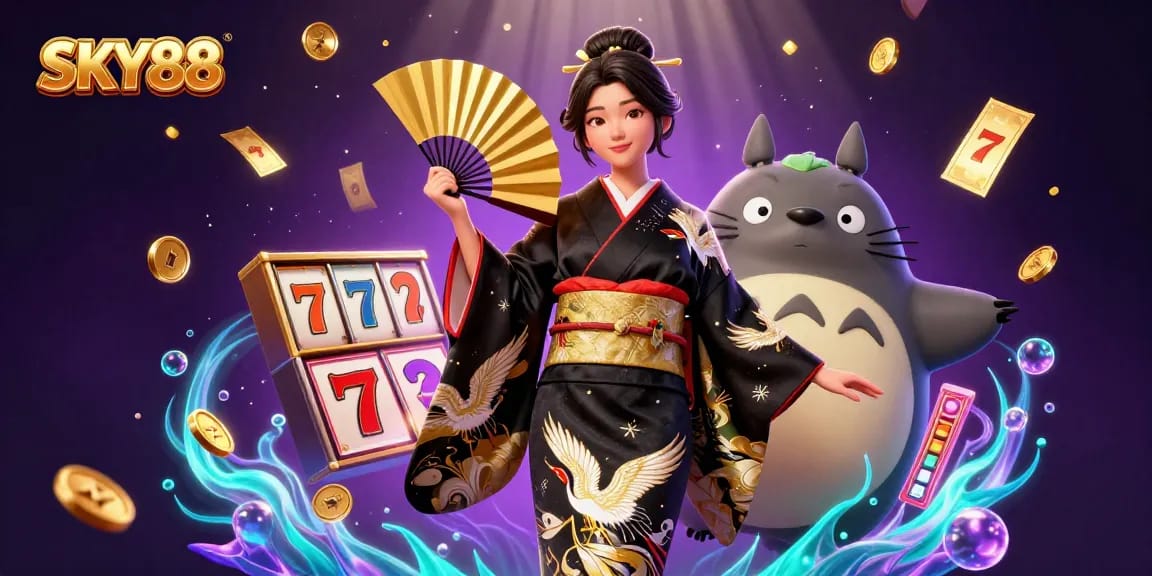 Experience the excitement of SKY88 with vibrant slot symbols and dynamic game elements in a colorful casino scene.