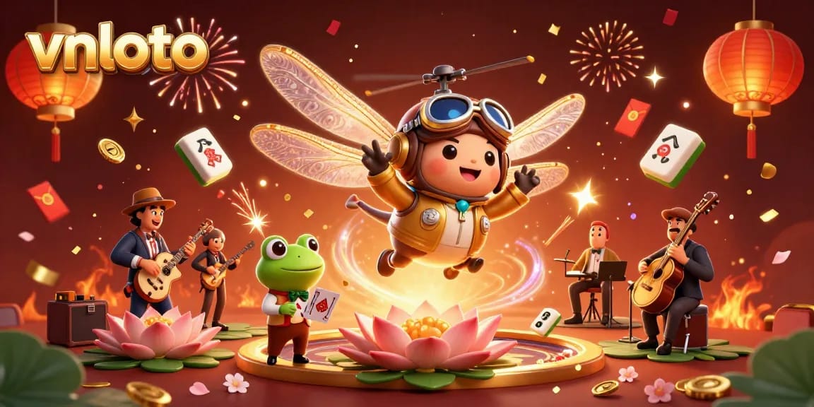 Engage in exciting gameplay with vnloto as a dragonfly helicopter pilot and frog croupier in a lively casino scene.