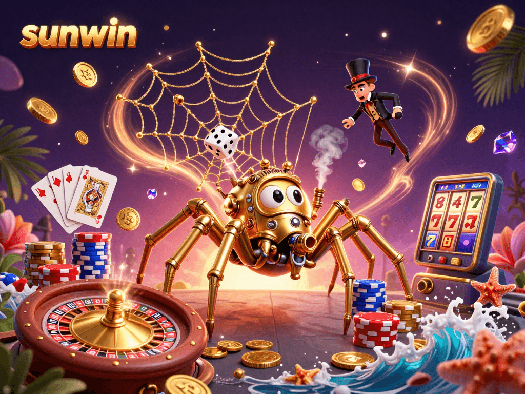 Experience excitement with sunwin in a vibrant 3D casino illustration featuring a steampunk spider.