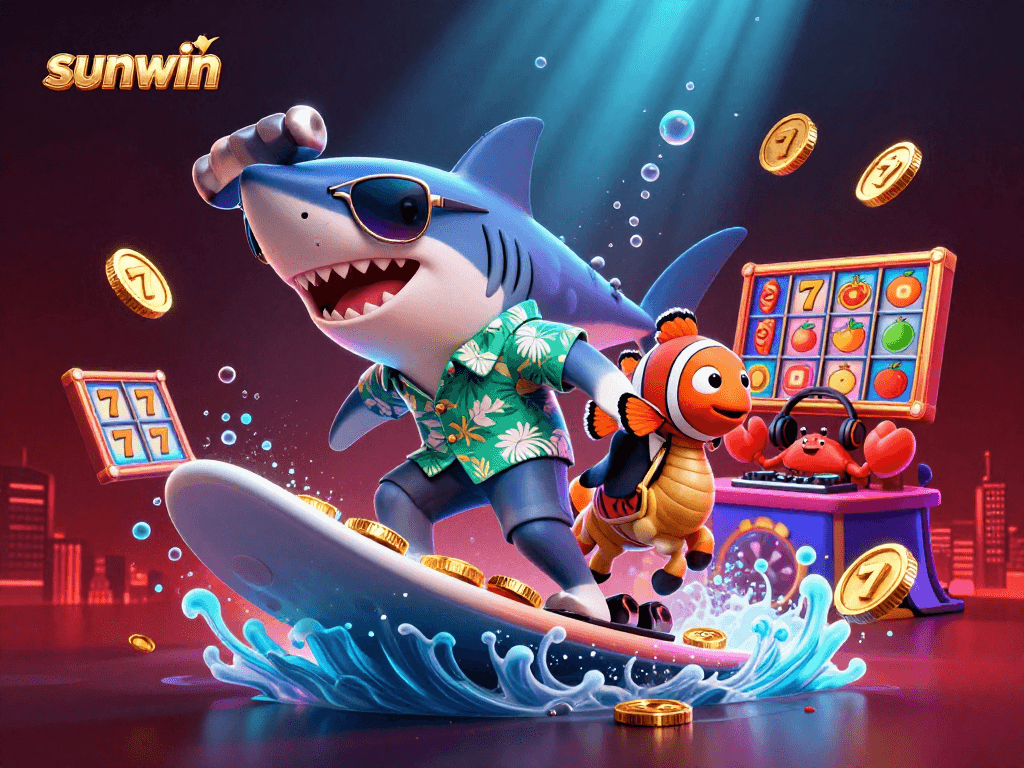 Join the excitement at sunwin with a lively underwater casino scene featuring vibrant characters and slot games.