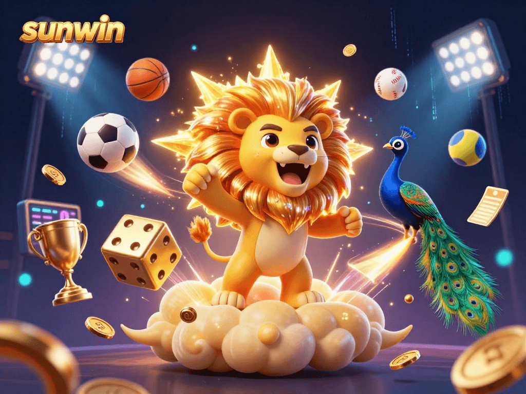 Engage with sunwin's vibrant casino atmosphere featuring a roaring sun lion and dynamic sports elements.
