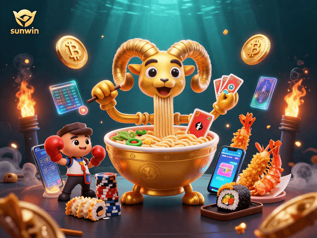 Engaging illustration showcasing sunwin's vibrant casino scene with dynamic characters and cryptocurrency elements.