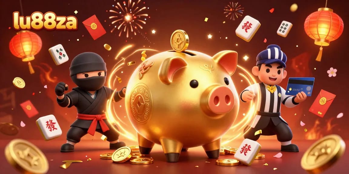 Join the excitement at lu88za, featuring a golden piggy bank sumo wrestler in a vibrant casino showdown.