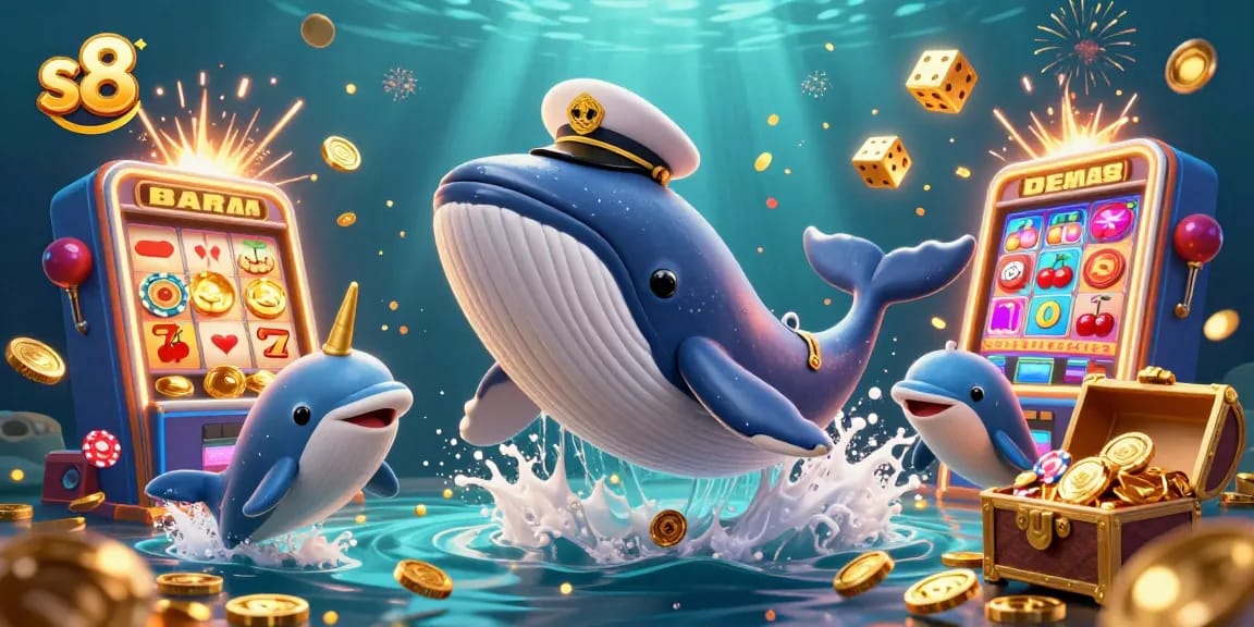 Experience thrilling gaming adventures with s8 as a cartoon whale and playful dolphins celebrate casino wins.
