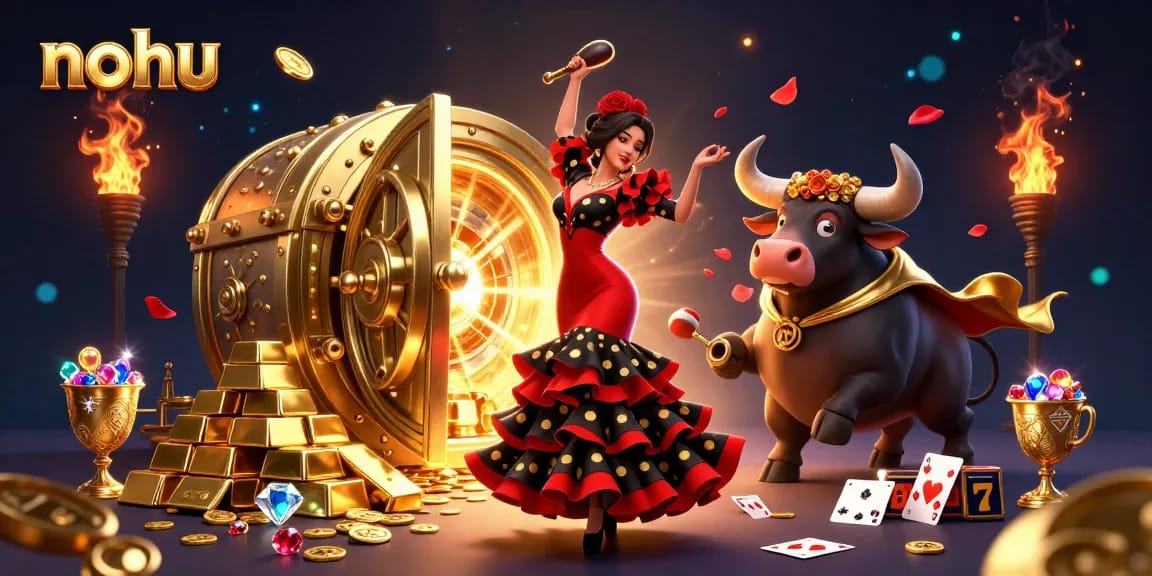 Nohu casino scene featuring a dancing woman and a bull amidst treasures, enhancing excitement and engagement.