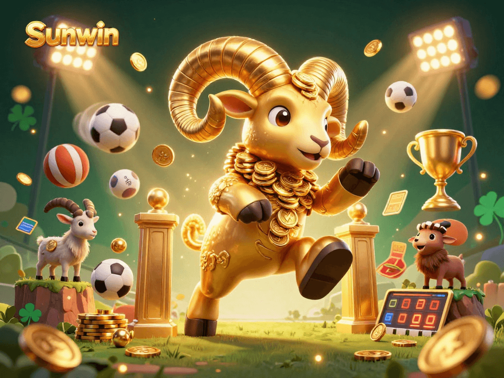 Experience thrilling action at sunwin with a 3D golden ram charging past coins and sports elements.