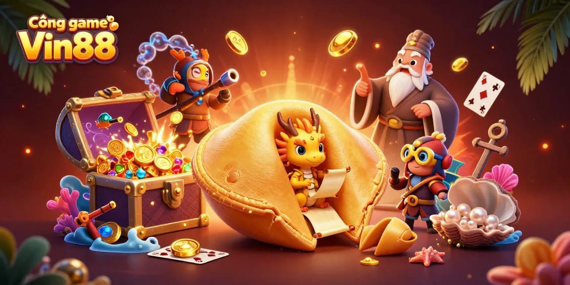 Engage with the vibrant world of Cổng game Vin88 featuring whimsical characters and treasure-rich casino elements.
