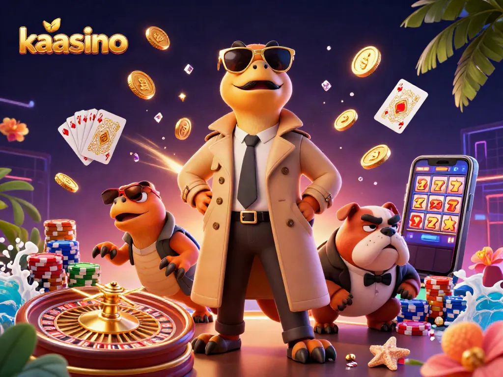 Kaasino features three raptors in a trench coat entering a casino, surrounded by sparkling casino elements.